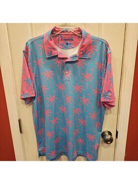 Chubbies Palm Tree Golf Polo Shirt Mens Large Blue Pink Short Sleeve Performance